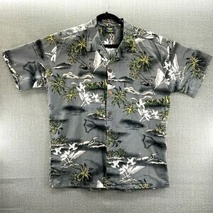 Palmwave Men’s‎ Gray Hawaiian Islands SurF 100% Cotton Camp Collar Shirt Size L